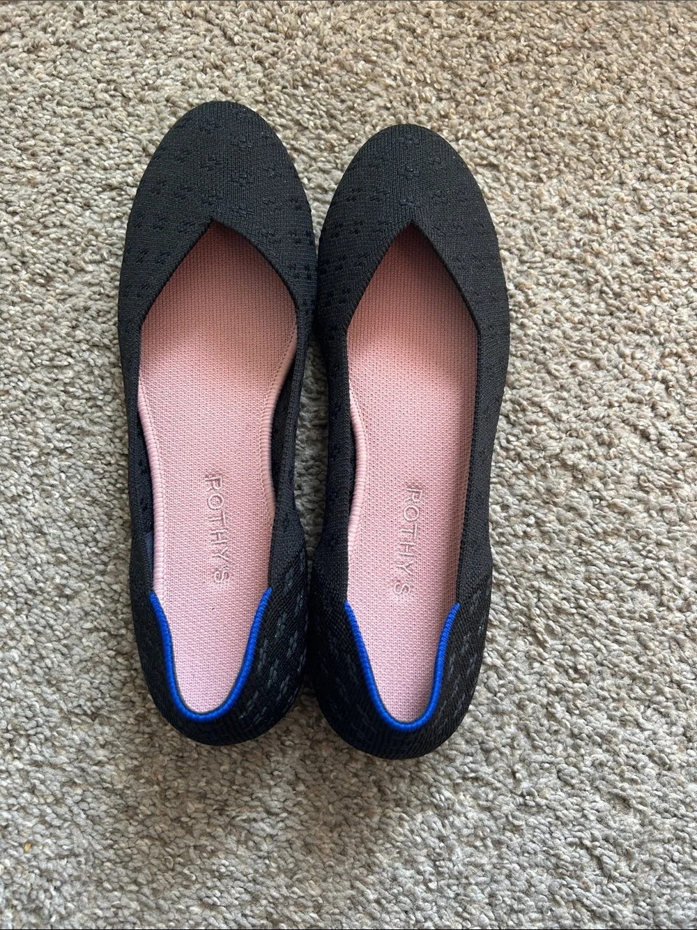 Rothy's Black Knit Flats with Pink Insole and Blue Trim